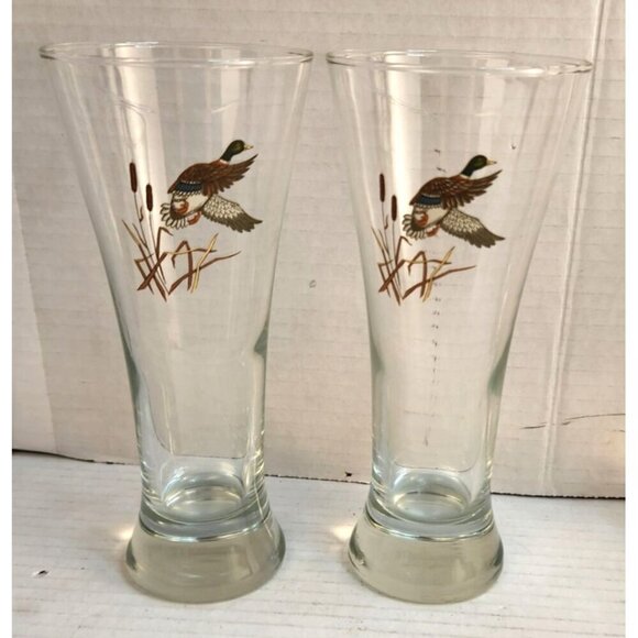 Set Of 4 Vintage Duck Design Pilsner Tall Beer Glasses Clear Barware Collectible - Picture 3 of 7